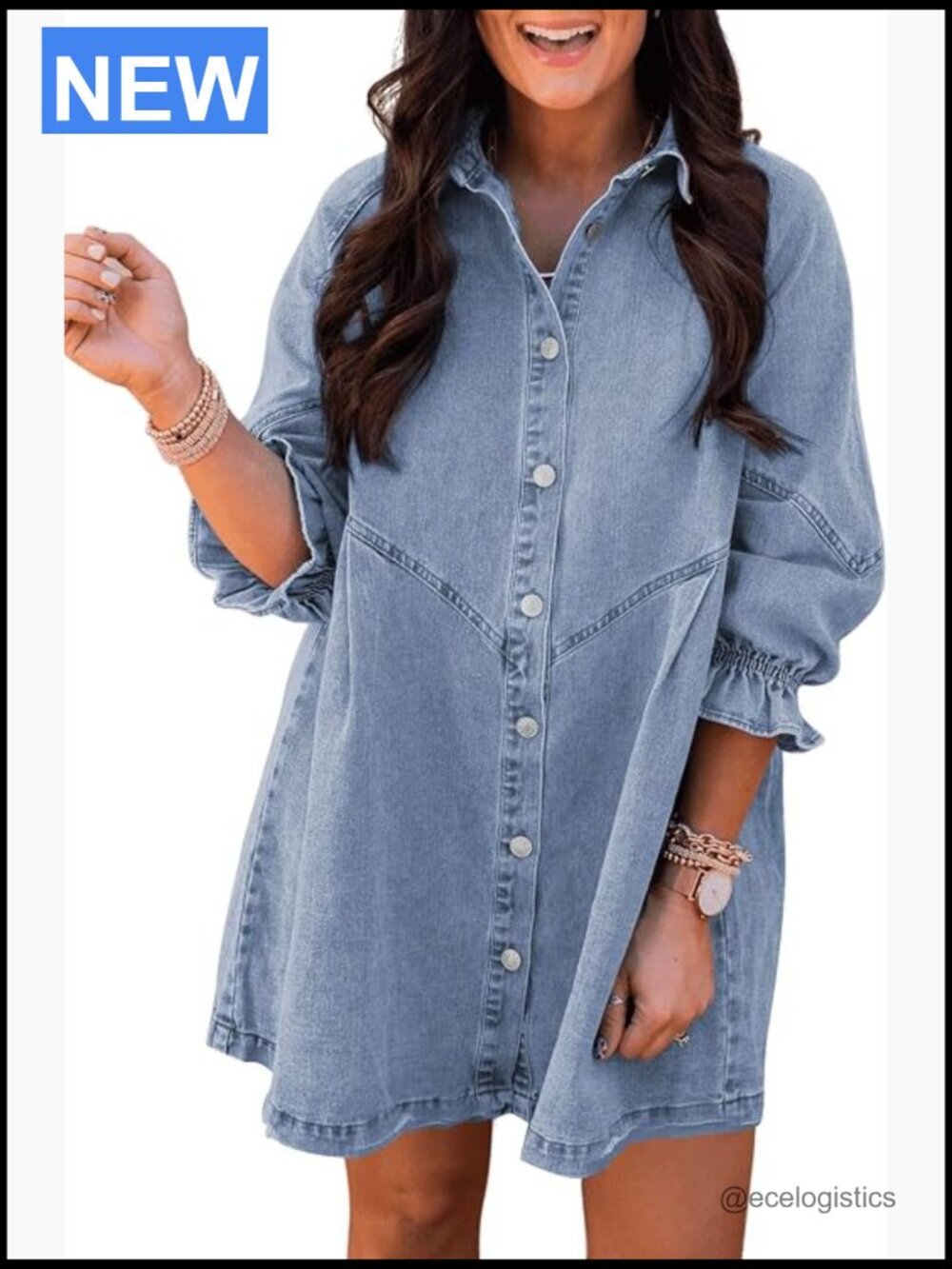 Women's Smocked 3/4 Sleeve Button Down Denim Dress - Loose Fit Mini